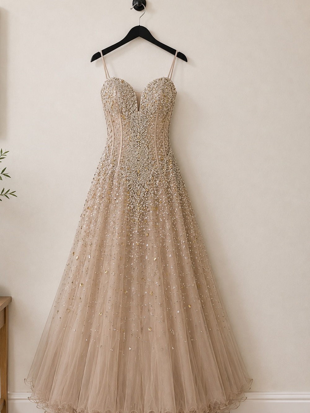 Strapless Beaded Champagne Tulle Evening Gown